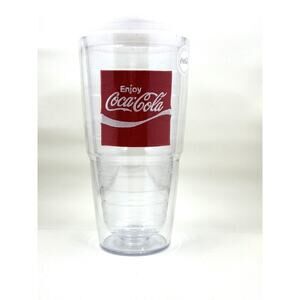 Coca-Cola Embroidered Red Patch 24oz "Enjoy" Tervis Tumbler Cup White Lid Clear